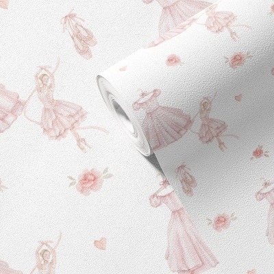 Rolo de papel de parede com padrão de bailarinas cor-de-rosa sobre fundo branco texturizado
