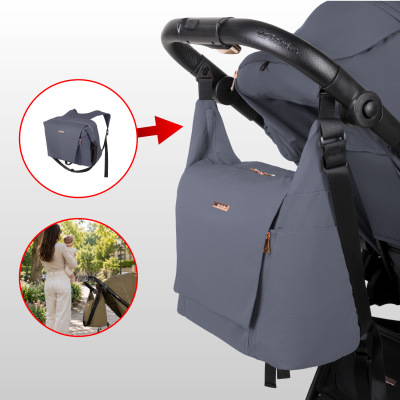 Saco de passeio cinza com fechos em metal cor de cobre fixado a carrinho de bebé preto.