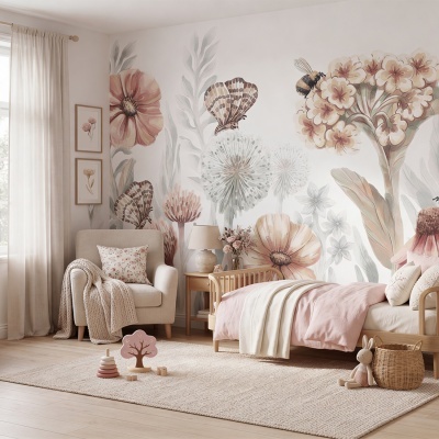 Quarto infantil com decoração floral e móveis de madeira clara