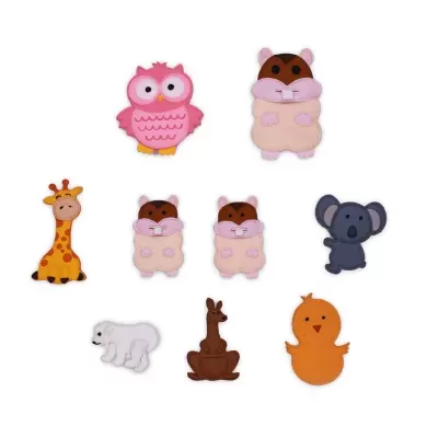 Imãs de geladeira em forma de animais coloridos sobre fundo branco