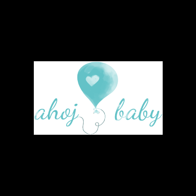Logotipo de balão azul claro com coração e texto 'ahoj baby' em azul claro