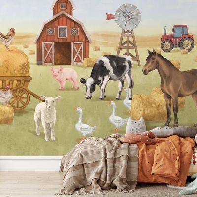Mural infantil de parede com animais da quinta e elementos rurais coloridos.