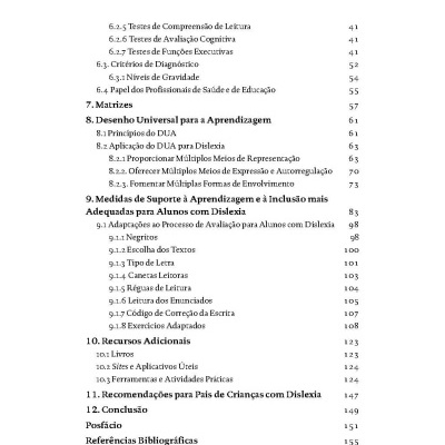 Página de sumário de conteúdo em português com textos numerados