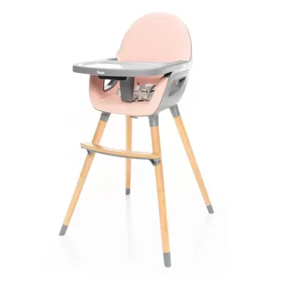 Cadeira alta para bebé cor rosa e cinzento com pernas de madeira e bandeja removível.