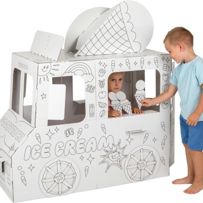 Carrinha de cartão para colorir com desenhos de gelados e crianças a brincar