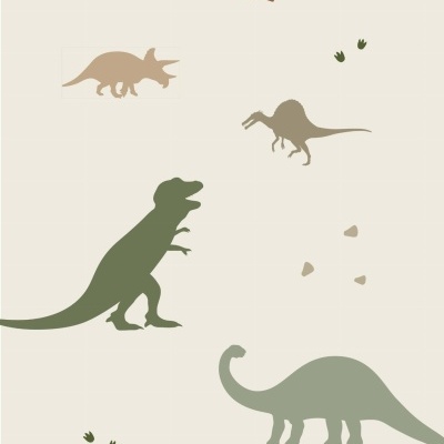 Ilustração minimalista com dinossauros em tons terrosos sobre fundo bege