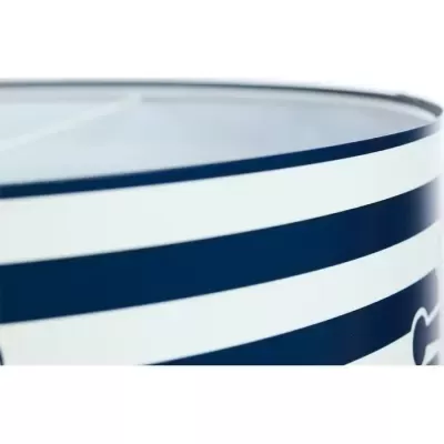 Recipiente cilíndrico com padrão listrado azul e branco e tampa translúcida