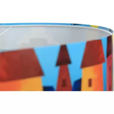 Recipiente cilíndrico com design de casas coloridas e borda azul clara