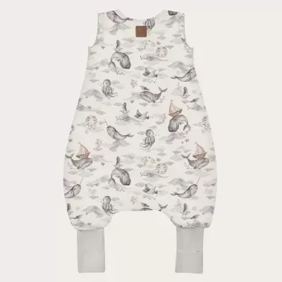 Macacão de bebé branco com padrão marinho e punhos cinzentos