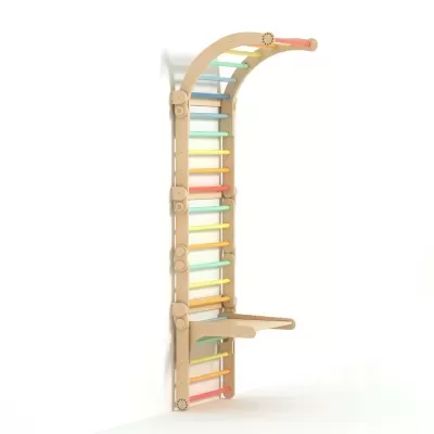 Espaldar de madeira claro com barras coloridas e suporte de madeira