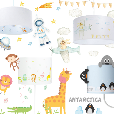 Candeeiros de teto infantis com temas de espaço, animais da selva e Antártida