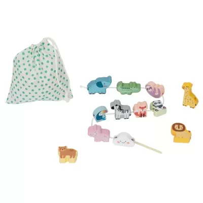 Brinquedo de conta de madeira com animais coloridos e saco de tecido branco com pontos verdes