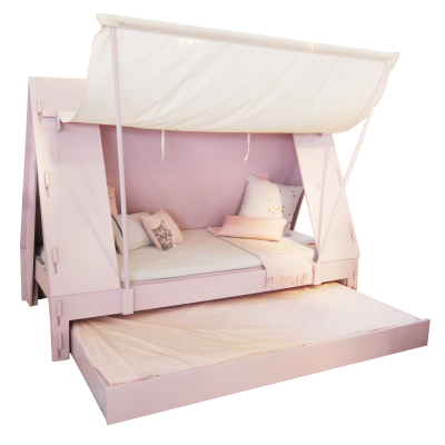 Cama infantil rosa claro com tenda branca removível e colchão retrátil