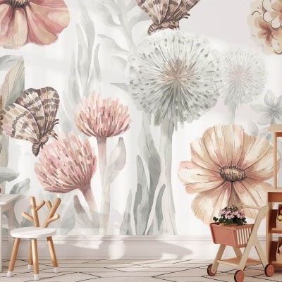 Papel de parede floral suave numa sala de crianças com móveis de madeira clara