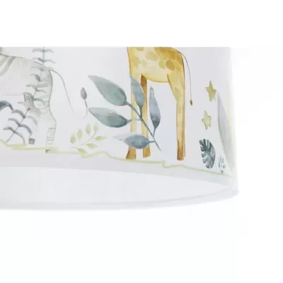 Detalhe de abajur infantil com girafa, zebra, folhas e estrelas
