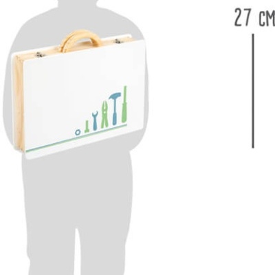 Mala branca infantil com desenhos de ferramentas e alça castanha