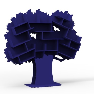 Estante de livros azul escura em forma de árvore sobre fundo branco