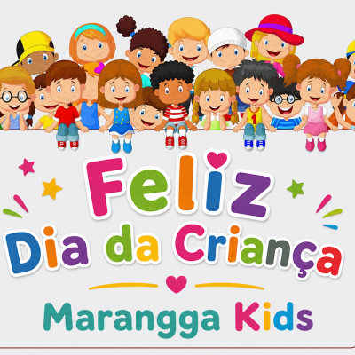 Ilustração de crianças felizes com cartaz colorido de Feliz Dia da Criança Marangga Kids.