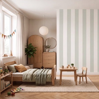 Quarto infantil com cama de madeira, mobiliário em madeira clara, brinquedos e parede listrada