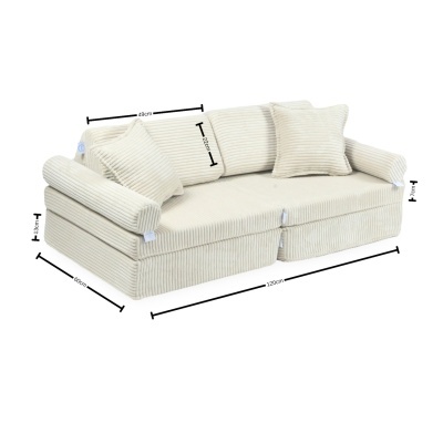 Sofá modular creme com almofadas e apoios de braços, medidas indicadas.