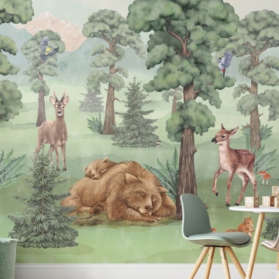 Papel de parede ilustrado com animais e floresta