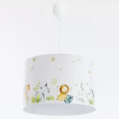 Candeeiro de teto infantil branco com ilustrações de animais e estrelas douradas