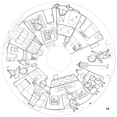 Desenho circular preto e branco com casas e pessoas, incluindo escola com sinal SCHOOL.