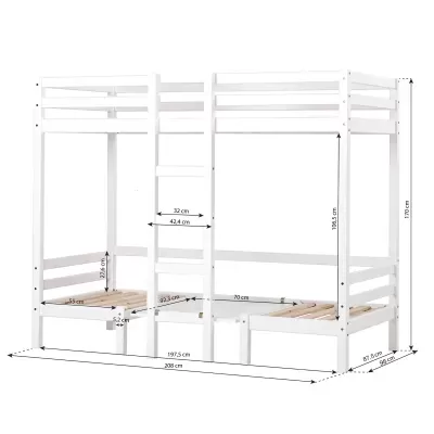 Cama tríplice branca em madeira com grades e escada, medidas indicadas.