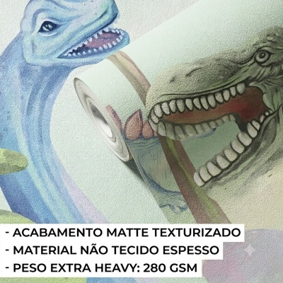 Rolo de papel de parede com estampado colorido de dinossauros em fundo claro.