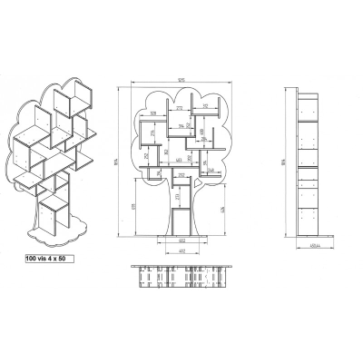 Desenho técnico de estante em forma de árvore com várias prateleiras e medidas