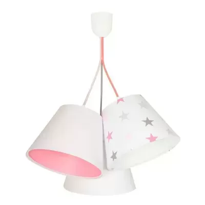 Lustre infantil com três candeeiros em tecido branco com interior rosa e padrão de estrelas