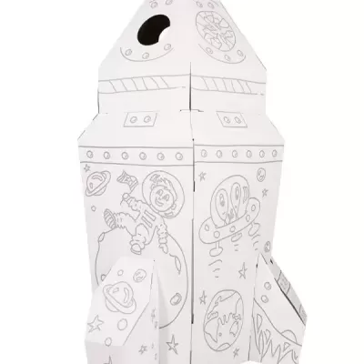 Colchonete inflável em forma de foguete com desenhos espaciais em preto e branco