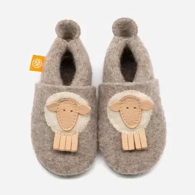 Sapatilhas de bebé cinza com aplicação de ovelha em pele bege e branco
