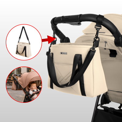 Bolsa bege para carrinho de bebé com alças pretas e etiqueta BabyLux