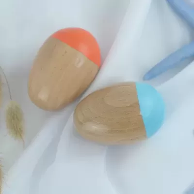 Duas castanholas de madeira coloridas em cima de fundo branco com plantas decorativas