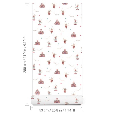 Papel de parede com padrão de circo em cores pastel e vermelho