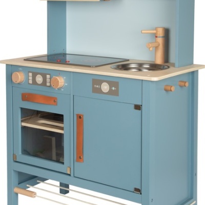 Cozinha de brinquedo infantil azul com forno, fogão, pia e micro-ondas
