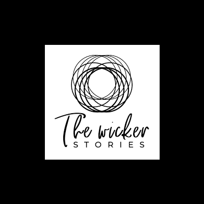 Logótipo preto e branco da marca The wicker STORIES com círculo entrelaçado