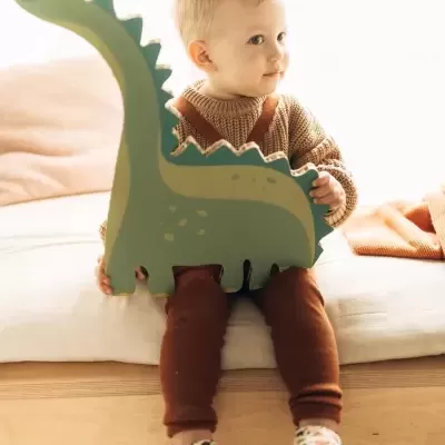 Criança segurando brinquedo dinossauro verde sentada numa cama de madeira clara