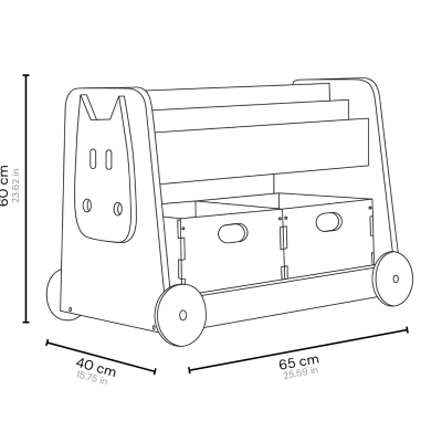 Carrinho móvel em madeira com rodas, caixas e design decorativo lateral.