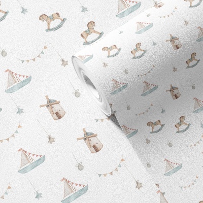 Papel de parede infantil com padrão de cavalos de baloiço, barcos e moinhos
