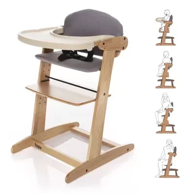 Cadeira alta de madeira clara com assento cinza e bandeja bege para bebé