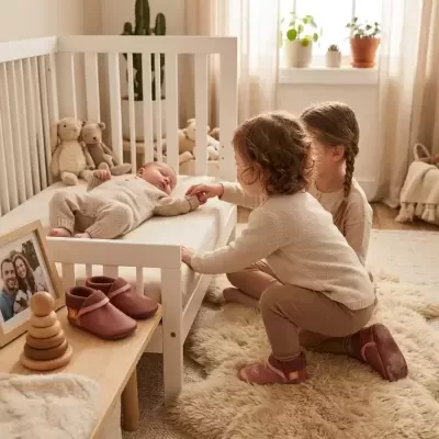Quarto de bebé com berço branco, crianças e bonecos de peluche