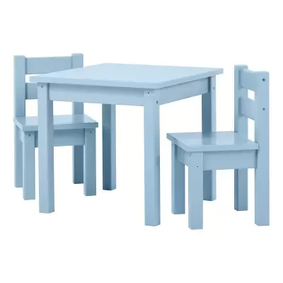 Conjunto infantil de mesa e duas cadeiras de madeira azul claro