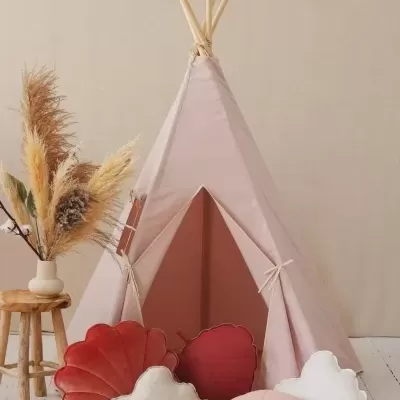 Tenda rosa claro estilo teepee com almofadas coloridas e plantas secas ao lado