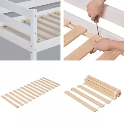 Ripas de madeira claras para suporte de colchão e montagem em estrutura de cama branco.
