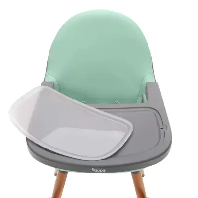 Cadeira alta para bebé verde-água com bandeja cinza e tabuleiro transparente