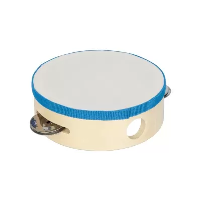 Pandeireta madeira clara, pele branca e fita azul com címbalos