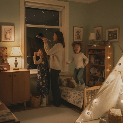Quarto de crianças com cama pequena, cabana iluminada e três pessoas a observar estrelas pela janela à noite.