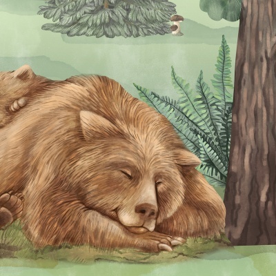 Desenho de urso castanho a dormir perto de uma árvore e folhas verdes